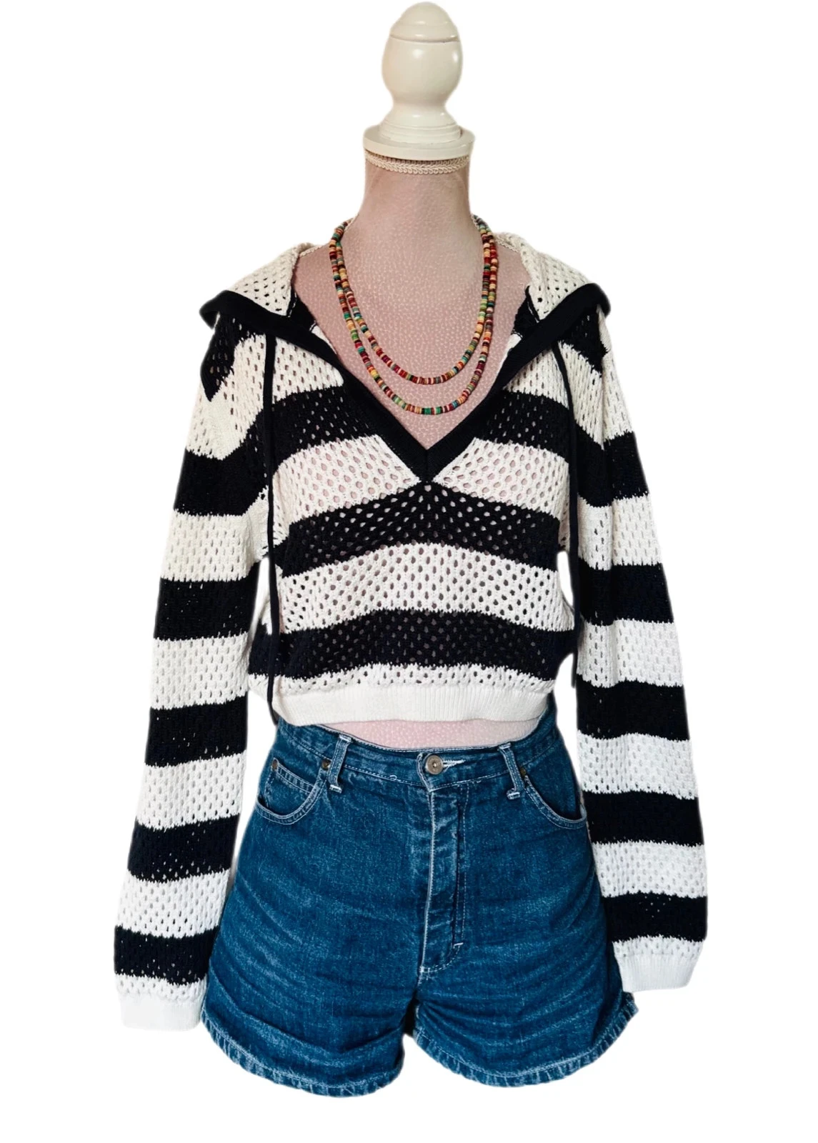 💙🌿Suéter curto de crochê com capuz e listras Y2K Beachwear festival hoodie crop striped sweater S/M🌿💙 – photo 6